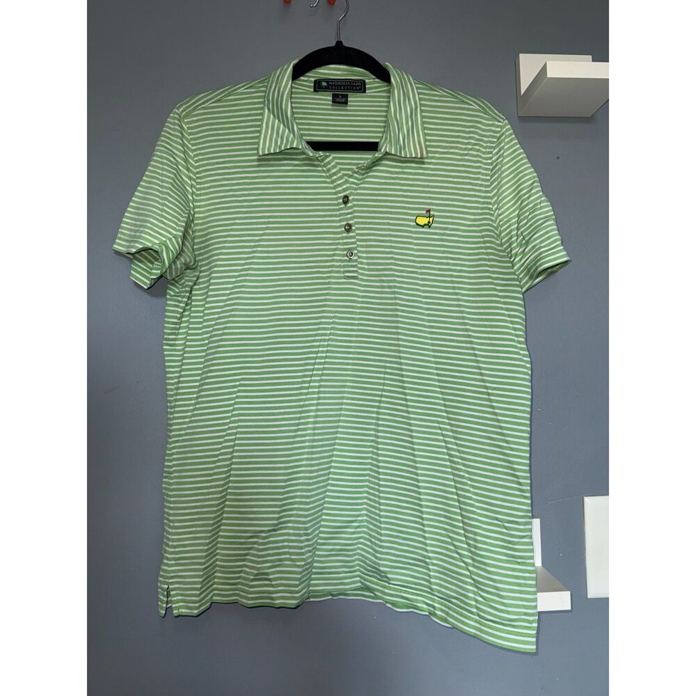Magnolia Lane Master's Green & White Striped Golf Performance Polo | Size Large